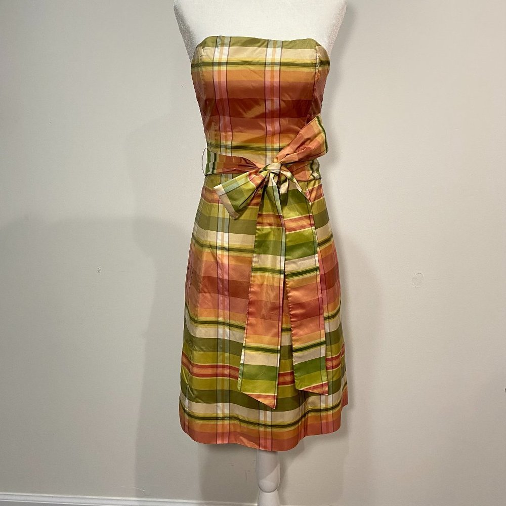 Molly B. Pink, Green & White Plaid Belted Strapless Dress Size 2